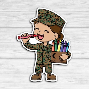May include: A cartoon illustration of a female soldier wearing a camouflage uniform and a hat. She is holding a box of crayons and smiling while biting on a red crayon. The box of crayons has the text "REAL. READY. TO. GO! 12 BOLD & BRIGHT CRAYONS".