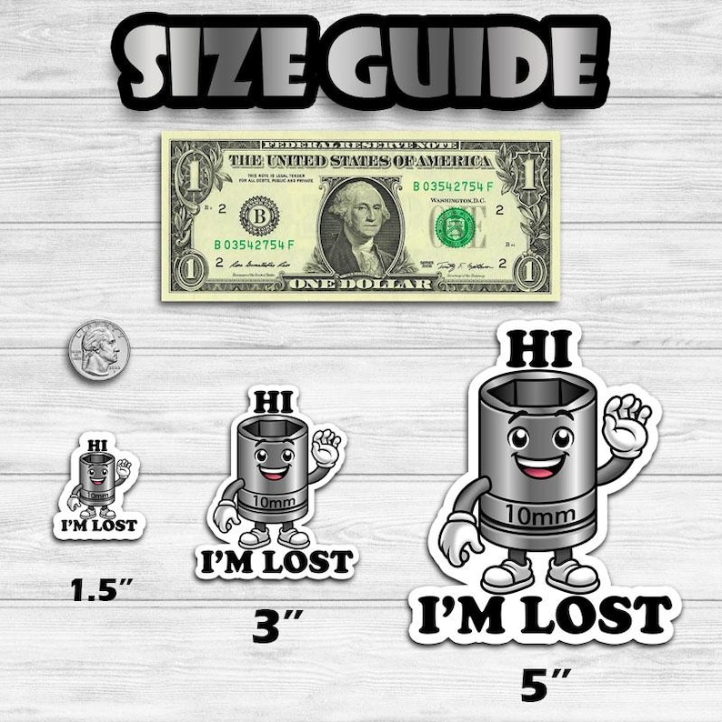 Pu&ograve; includere: Guida alle taglie per un set di tre adesivi "Hi I'm Lost" con una chiave inglese di cartone animato con un viso. Gli adesivi sono disponibili in tre dimensioni: 1,5 pollici, 3 pollici e 5 pollici.