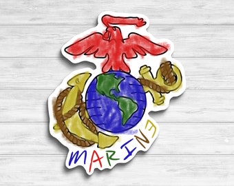 Marine Eagle, Globe, and Anchor Crayon Drawing Vinyl Sticker| USMC Sticker | "Official Hobbyist of the USMC; License number 36323"