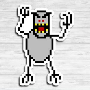 May include: A pixelated gray monster with red eyes and a yellow mouth is shown with its arms raised in the air. The monster is outlined in black and has a white background.