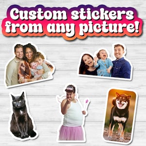 May include: Five custom stickers featuring different images. The stickers are printed on white paper with a glossy finish. The images include a family of three, a woman with a child, a cat, a dog, and a person dressed as a princess.