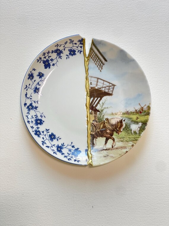 Plato de pared Kintsugi, wabi sabi, cerámica, hecho a mano