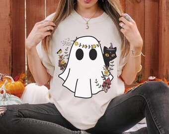 Comfort Colors Halloween Shirt, Spooky Season Shirt, Witchy Shirt, Cat Ghost Shirt, Cute Halloween Shirt, Ghost Cat Shirt