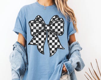 Comfort Colors Checkered Coquette Shirt, Checkered Bow Shirt, Coquette Shirt, Coquette Top, Gift for Girlfriend from Boyfriend,Cute Coquette