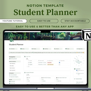 Könnte beinhalten: Ein Laptop-Computer, auf dem eine Notion-Vorlage für einen Studentenplaner angezeigt wird. Die Vorlage enthält Abschnitte für Zeitplan, Studium, Fitness, Ernährung, Finanzen, Ziele und Organisation. Der Bildschirm zeigt auch eine Uhr, einen Kalender und eine Liste von Aufgaben. Die Vorlage soll Studenten helfen, organisiert zu bleiben und ihre Studien zu verfolgen.