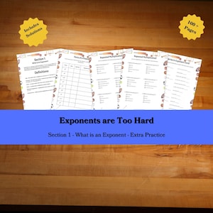 Puede incluir: Un conjunto de hojas de trabajo de matemáticas tituladas Exponents are Too Hard, Section 1 - What is an Exponent - Extra Practice. Las páginas incluyen definiciones, tablas y preguntas de opción múltiple sobre exponentes con bordes deportivos.