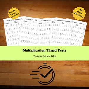 Pruebas de multiplicación con tiempo para imprimir / Datos matemáticos del 0 al 9 y del 0 al 15 / Ejercicios para la educación en casa o en el aula / Clave de respuestas incluida / Descarga instantánea en PDF