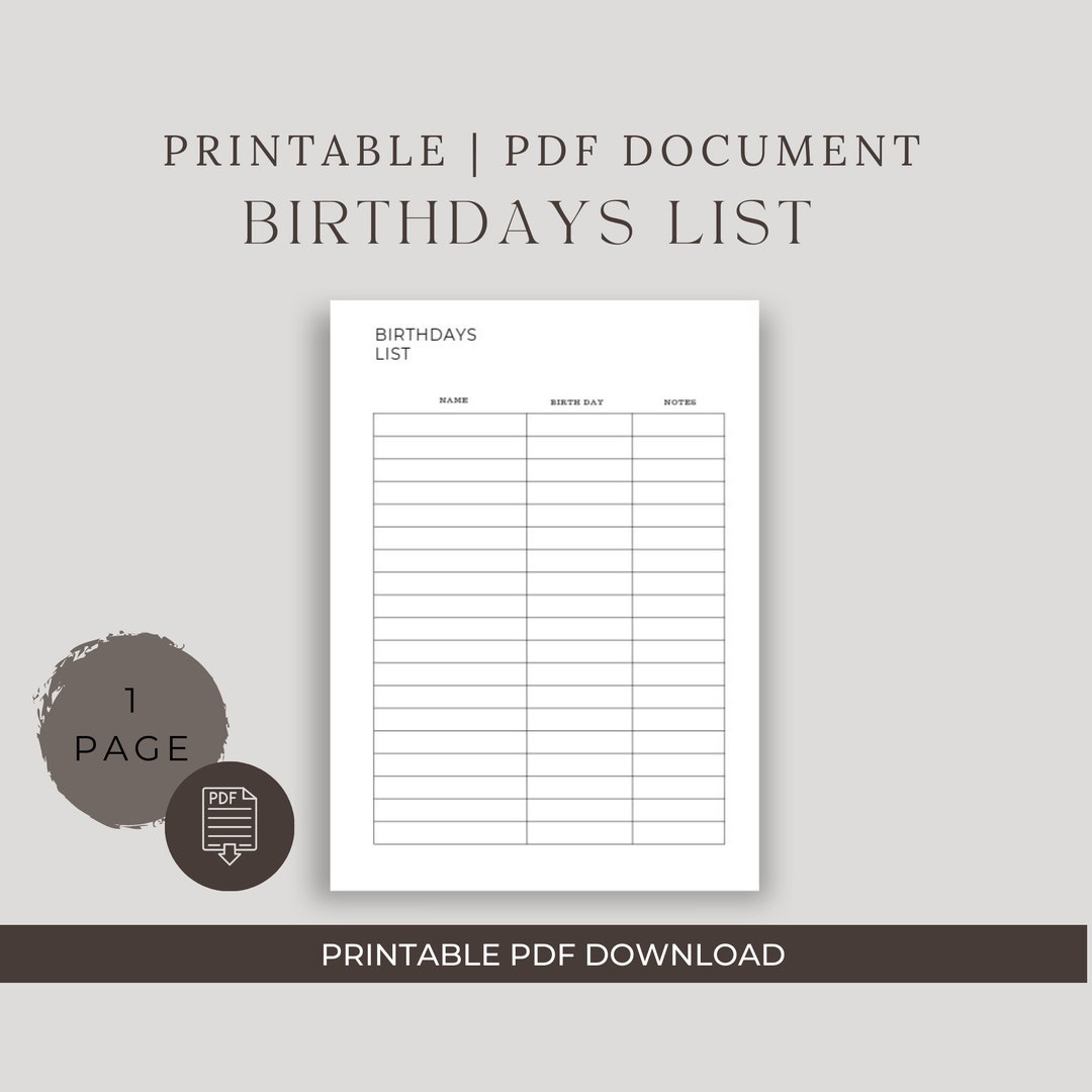Printable Birthday List, Day Organiser, Life Planner, Everyday Planner ...