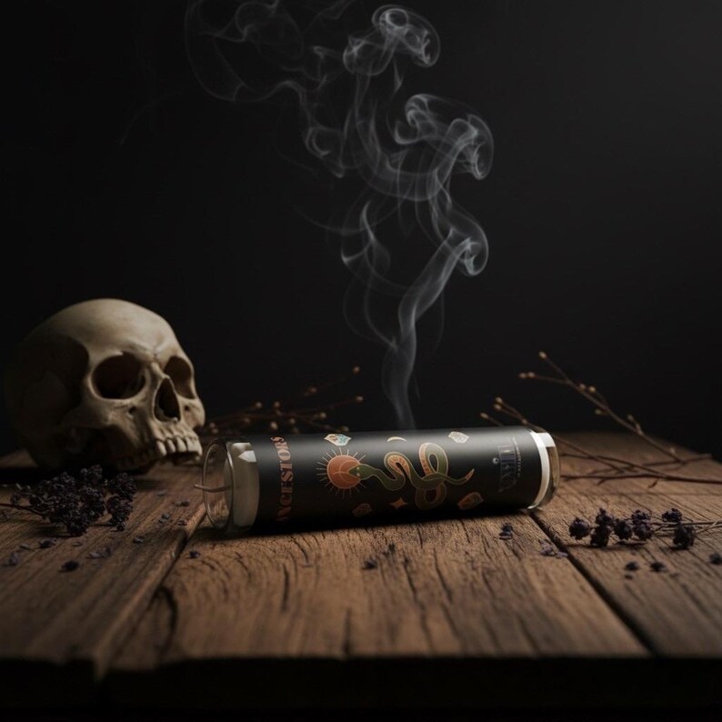An extinguished Oyin Ancestor Candle resting on a rustic altar table with smoke gently rising, evoking peace, reflection, and spiritual completion.