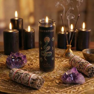 “Ancestors ritual prayer candle on an ornate altar cloth surrounded by amethyst crystals, burning sage bundles, incense smoke, and black pillar candles; spiritual ancestor veneration décor for meditation, protection rituals, and ancestral healing.”