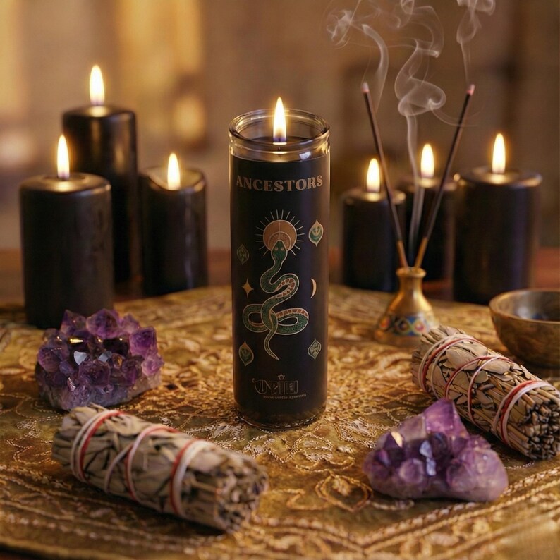 “Ancestors ritual prayer candle on an ornate altar cloth surrounded by amethyst crystals, burning sage bundles, incense smoke, and black pillar candles; spiritual ancestor veneration décor for meditation, protection rituals, and ancestral healing.”
