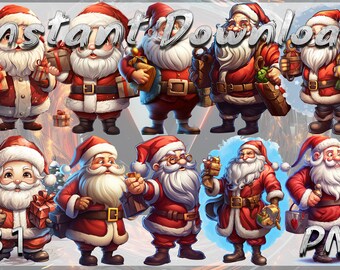 May include: Eight digital illustrations of Santa Claus in various poses, wearing a red suit with white trim, a white beard, and a red hat.  Each Santa is holding a different Christmas-themed object, such as a gift, a bag of toys, or a candy cane.  The background is a blurred image of a winter scene.
