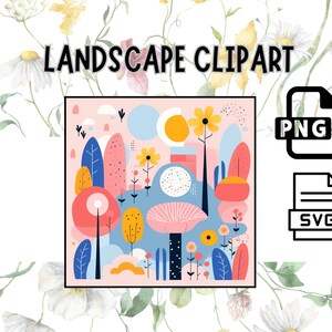 Può includere: Un'illustrazione digitale di un paesaggio con alberi rosa, blu e gialli, fiori e nuvole. L'illustrazione è su uno sfondo rosa. Il testo "LANDSCAPE CLIPART" è in cima all'immagine. L'immagine è disponibile nei formati PNG e SVG.