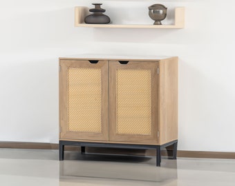 Rattan Storage Cabinet with 2 Doors Mid Century Modern Natural Wood Dining Room Sideboard Storage for Living Room Office Den Entryway Accent