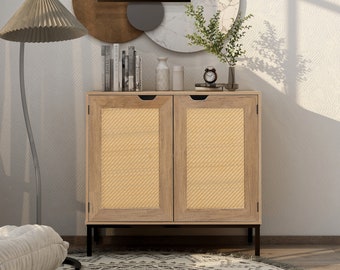 Set of Two Rustic Accent Storage Cabinet with 2 Rattan Doors Mid Century Modern Natural Wood Sideboard for Dining Room or Living Room-Office