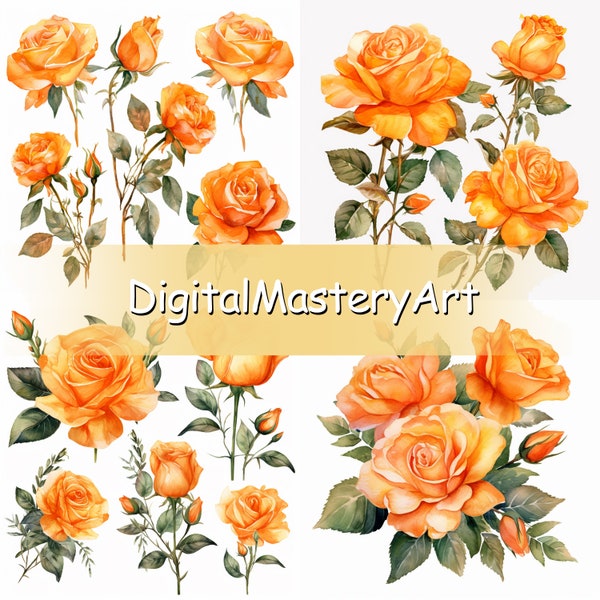 Watercolor orange Roses Clipart: Stunning Floral Designs for Crafts and Digital Projects