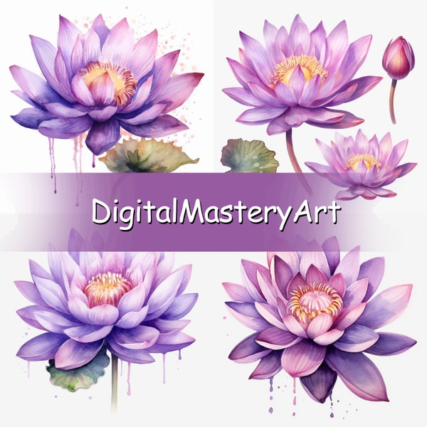 Premium Watercolor purple Lotus Clipart, Graceful Floral Elements for DIY Projects