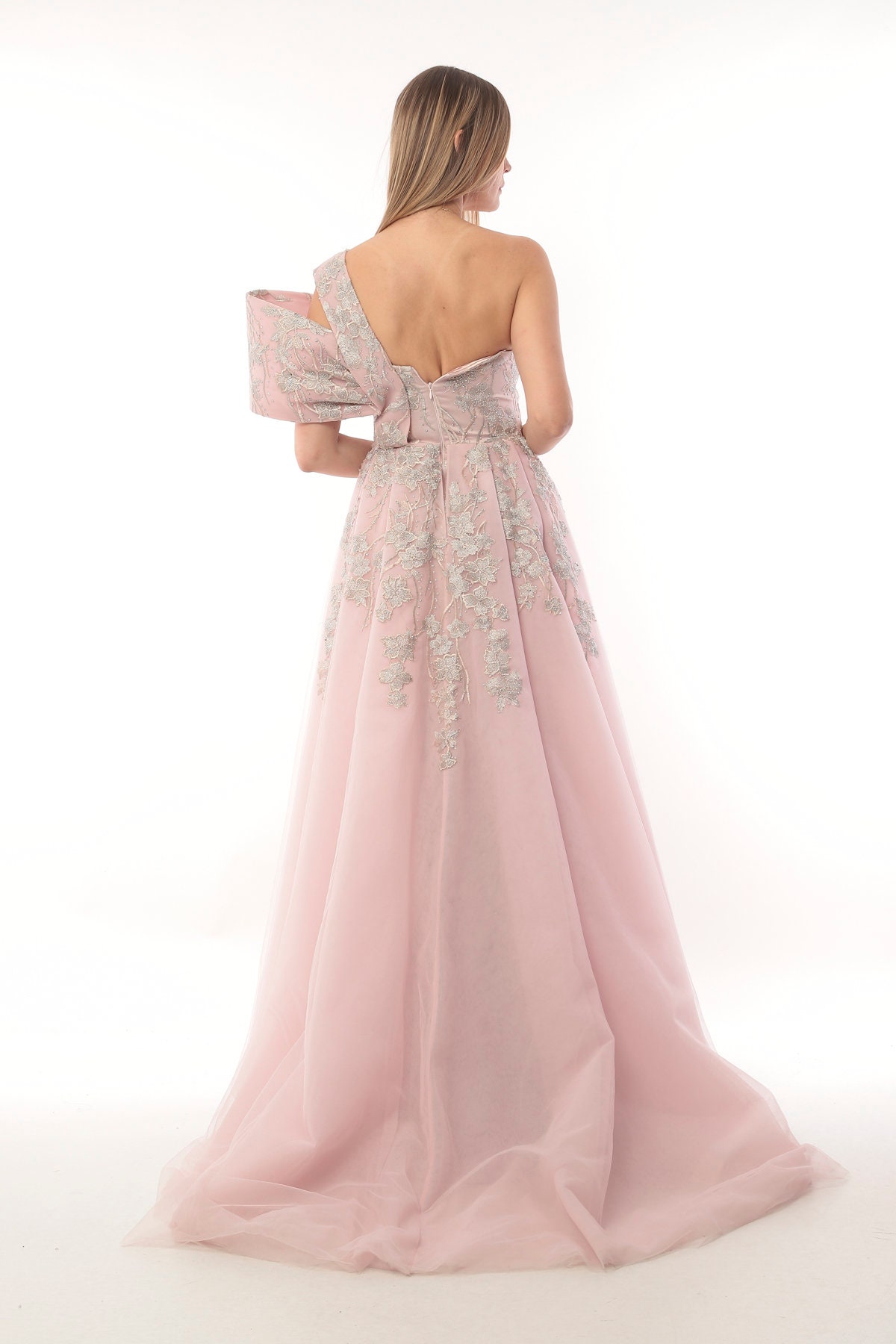 5016 Pink One Shoulder Slit Evening Dress
