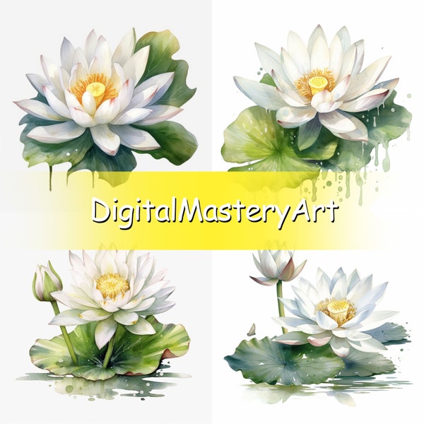 Ethereal Watercolor White Lotus Clipart, Exquisite Floral Art for Creative Projects