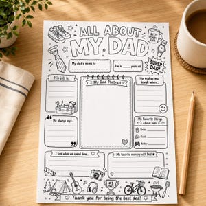 Op de afbeelding: Een wit papieren activiteitenblad met de titel ALL ABOUT MY DAD met zwarte lijntekeningen waaronder een stropdas, sneakers, een gereedschapskist, een gitaar, een fiets en een trofee. Het blad bevat invulsecties voor persoonlijke gegevens.