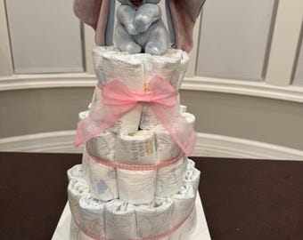 Custom Diaper Cake — 3-Tier Baby Shower Gift | Personalized Diaper Cake with Topper — Newborn Gift, Gender Neutral, Baby Shower Decor
