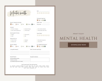 May include: Printable mental health tracker with a beige background. The tracker includes sections for daily affirmations, gratitude, sleep quality, exercise goals, and more. The text "PRINT TODAY" and "MENTAL HEALTH" is displayed in brown text at the top of the page.