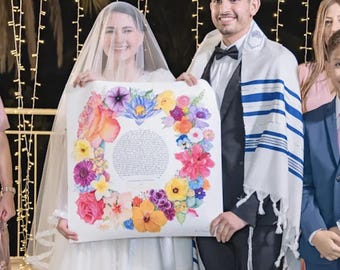 Custom floral Ketubah Jewish Wedding Marriage Contract, Watercolor, personalized, 24 K gold gilding, Anniversary Gift