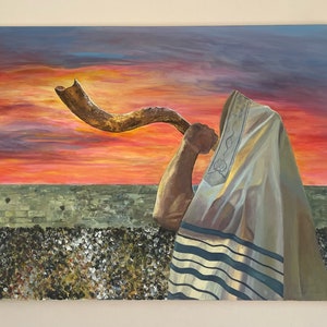 Geula - Jewish Painting |  Jerusalem Kotel Shofar, Beautiful Judaica Art print on Canvas or Fine Art Paper, Giclée
