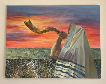 Shofarmålning i Jerusalem Kotel: Judaisk konst Giclée-tryck, israelisk inspirerande samarbetskonst