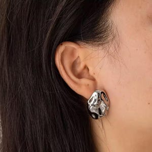 18K Gold Plated Brass Statement Earrings – Modern Abstract Studs – Sculptural Chunky Organic Jewelry for Women