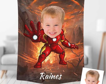 USA MADE Custom Blankets Personalized Photo Blanket Fleece Strong Iron Boy Painting Style Blanket | Custom Superhero Portrait Photo Blanket