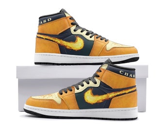 Chaussures de basketball Charizar's Flame Poke-monnn Mid 1 personnalisées | Baskets personnalisables pour fans d'anime