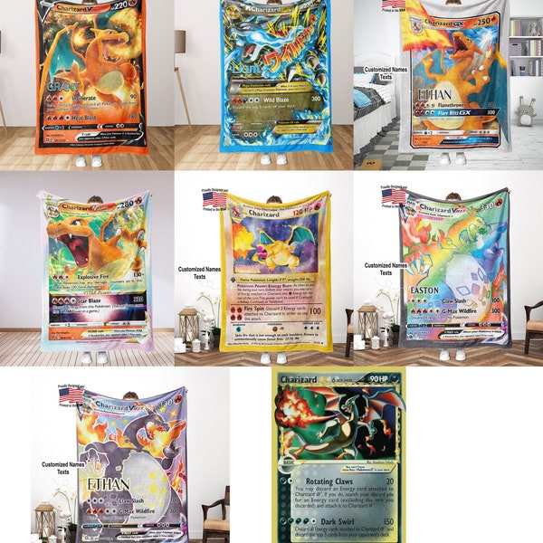 Personalized PK Charizard 1st Edition GX EX Vstar Rainbow Blanket | Custom Name Anime Gamer Collection Card Blanket Throw