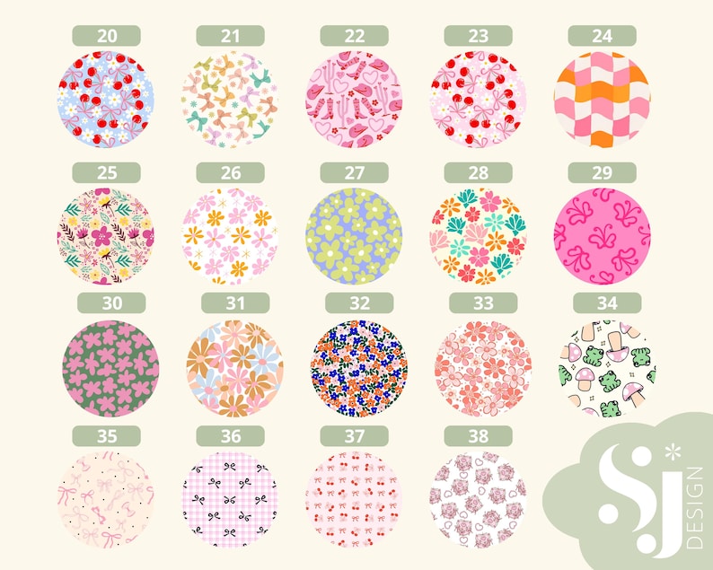 K&ouml;nnte beinhalten: Ein Set mit 38 digitalen Papierdesigns mit verschiedenen Mustern, darunter florale, geometrische und skurrile Designs. Die Designs sind in verschiedenen Farben gehalten, darunter Rosa, Blau, Gr&uuml;n und Gelb.