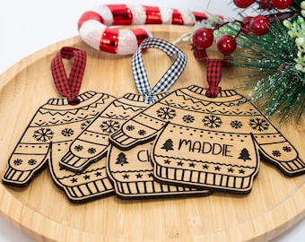 Personalized Wooden Ugly Sweater Ornament | Custom Christmas Name Tag | Engraved Holiday Keepsake | Hanging Tree Decoration