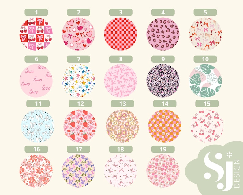 K&ouml;nnte beinhalten: Ein Set mit 19 digitalen Papierdesigns mit verschiedenen Mustern, darunter Herzen, Schleifen, Sterne, Karos, Blumen und Punkte. Die Designs sind in Rosa, Rot, Blau, Gr&uuml;n und Wei&szlig;.