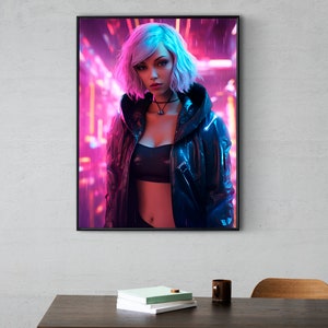 Cyberpunk Femme Fatale: arte murale futuristica, stampa sorprendente su carta opaca spessa migliorata, decorazioni per la casa spigolose e poster senza tempo