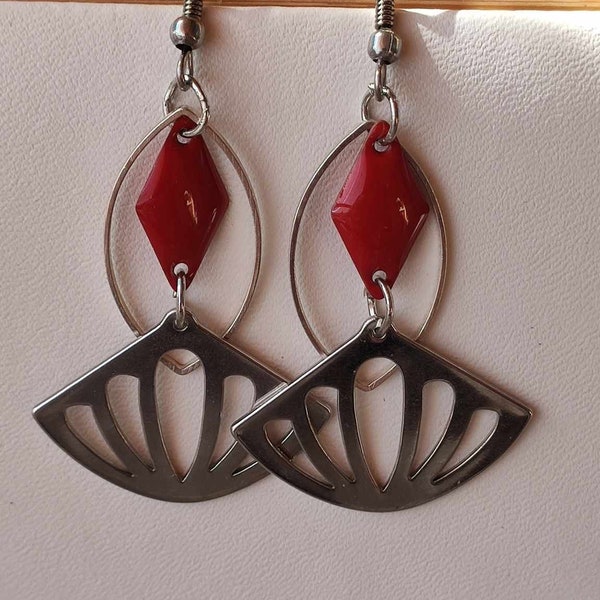 Boucles d'oreilles losange rouge et éventails