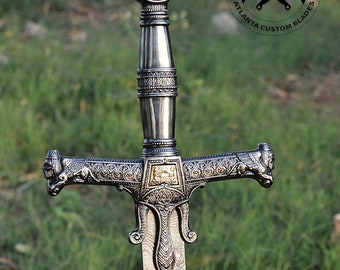 Handmade DAMASCUS Ocean Pattern Steel King SOLOMON Crusader REPLICA Sword | Star of David Pommel-Leather Cover-Gift For Him-Anniversary