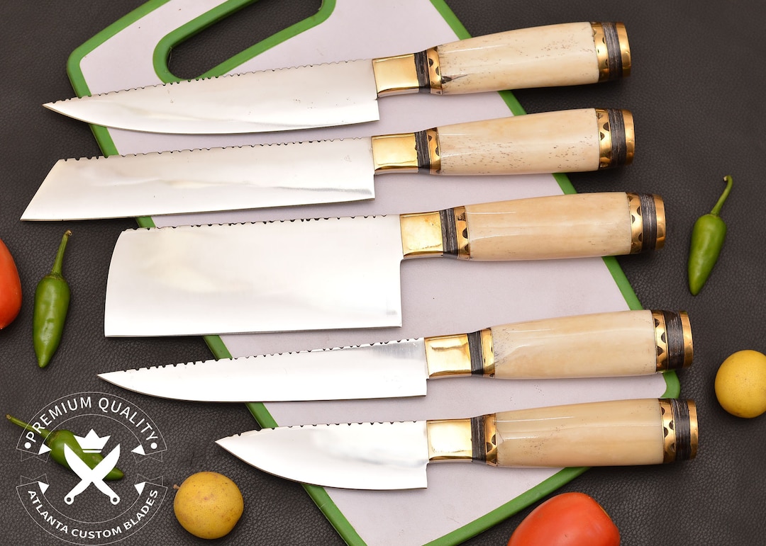 Japanese Style Kitchen Knives CHEF SET Handmade D2 Steel With Cow BONE