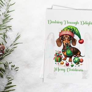 Christmas Card Festive Dachshund Dashing Through Delight Holiday Greeting Card Dog Themed Christmas Gift Cards Holiday Season Dog Lovers.