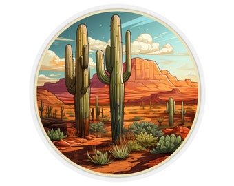 May include: A circular illustration of a desert landscape with three tall cacti in the foreground. The cacti are green with spines and are set against a backdrop of red rock formations and a blue sky with white clouds.