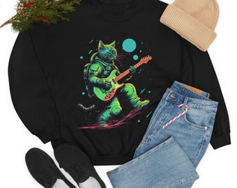 Neon Space Cat Vibing and Playing Guitar Crewneck Sweatshirt