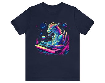 Neon Space Dragon Jamming and Drooling Playing Keyboard Short Sleeve Tee