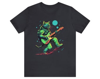 Neon Space Cat Vibing and Playing Guitar Short Sleeve Tee