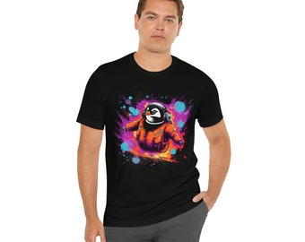 Neon Space Penguin Gliding Through the Cosmos with Headphones On Short Sleeve Tee