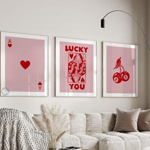 Trendiges Retro Wandkunst-Set, Lucky You Poster, trendiger ästhetischer Druck, Herzkönigin Wandkunst, Ace-Kartendruck, trendiges Queen Funky Poster