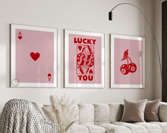 Conjunto de arte de parede retrô moderno, pôster "Lucky You", impressão estética moderna, arte de parede da Rainha de Copas, impressão de carta Ás, pôster moderno e descolado da Rainha