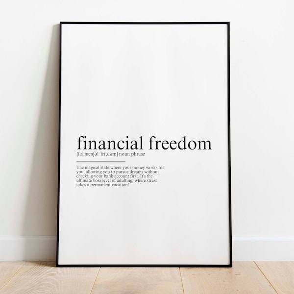 Financiële vrijheid definitie poster, digitale download poster, motiverende kunst aan de muur, kamer decor, motiverende citaat, motiverende gift