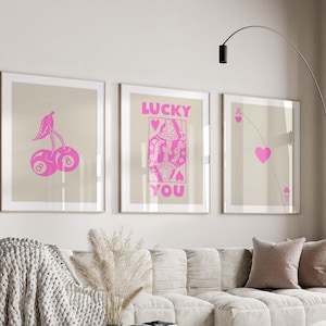 Trendiges Retro Wandkunst-Set, Lucky You Poster, trendiger ästhetischer Druck, Herzkönigin Wandkunst, Ace-Kartendruck, trendiges Queen Funky Poster